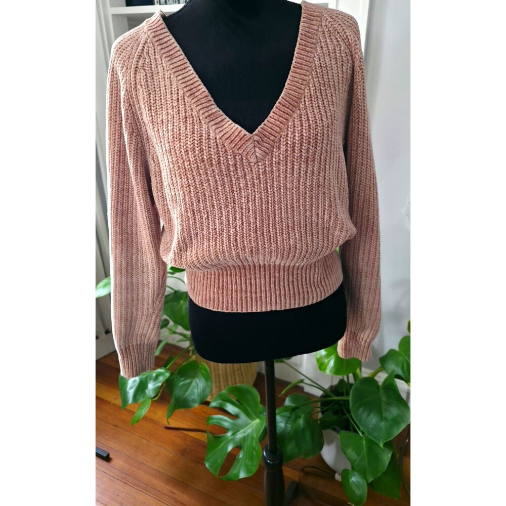 Urban Outfitters Women’s Pink Solid Chenille Rib-Knit V-Neck Pullover Sweater M